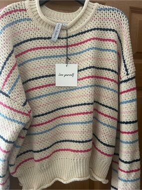 Love Yourself Cream Striped Crewneck Sweater with Pink & Blue Accents
